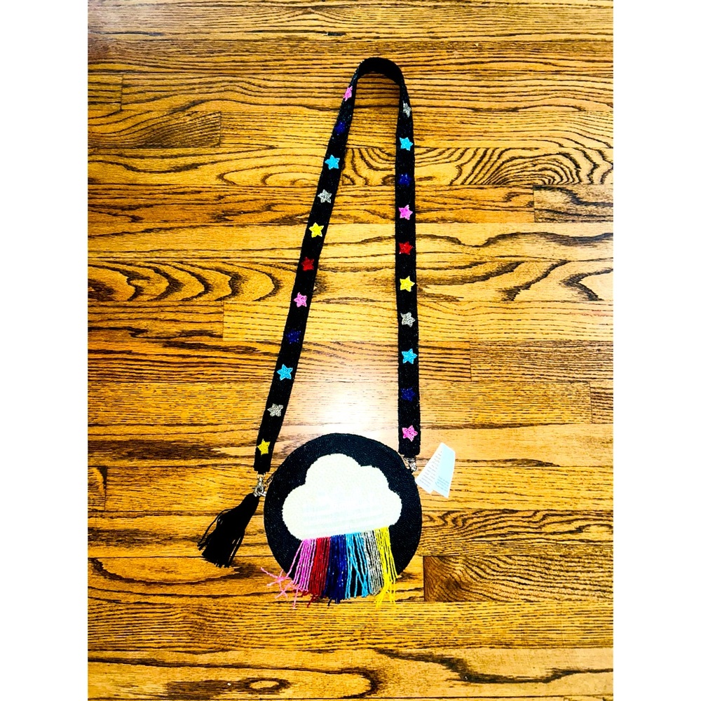 NWT Moyna Black Beaded Cloud Rainbow Stars Bag Purse Crossbody